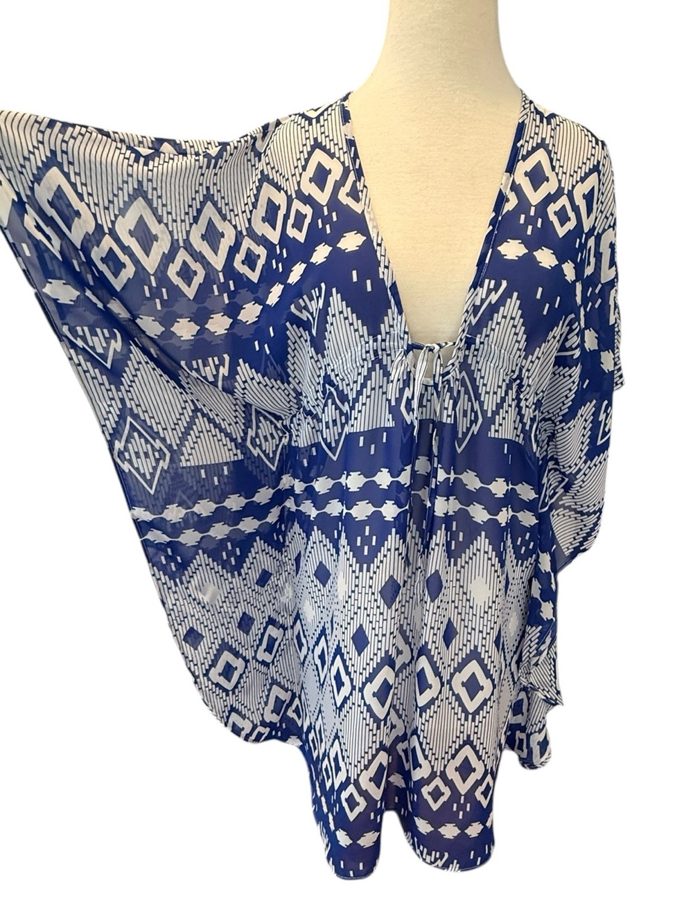 JOSA Tulum Kimono Blue White Geometric Print Cover Up Mini Dress  OS One Size - Picture 4 of 9